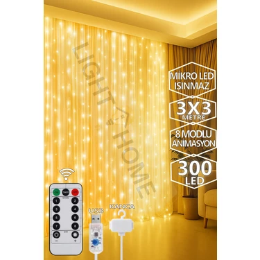 300 Ledli 10 Saçaklı Sarı LED Kumandalı 8 Modlu Perde LED Peri Mutfak Işık Dekoratif
