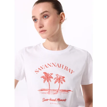 Fabrika Bisiklet Yaka Baskılı Beyaz Kadın T-Shirt Fiyatı