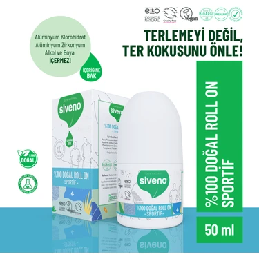Siveno %100 Doğal Roll On Sportif Sporcu Deodorant Ter Kokusu Önleyici Bitkisel Lekesiz Vegan 50