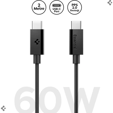 Spigen USB-C to USB-C 2 Metre Kablo 60W Güç / PPS 2.0 Desteği Super Hızlı Şarj / 480 Mbps Data