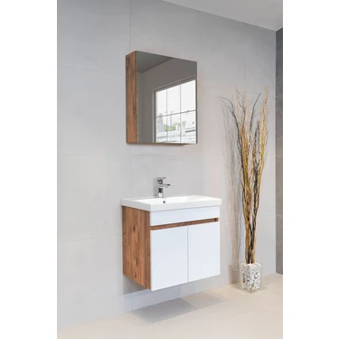 Star Banyo Dolabı Seti ( 60 cm Atlantik Çam &parlak Beyaz Aynalı Lavabolu Mdf