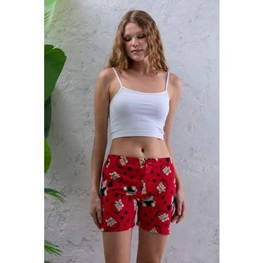 Kadın Beli Lastikli Desenli Şort Pijama Altı Kırmızı -