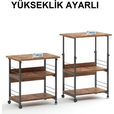 Çok Amaçlı Yükseklik Ayarlı Frenli Tekerlekli 3 Katlı Mutfak Fırınlık Kahve Masası  Yazıcı Sehpası