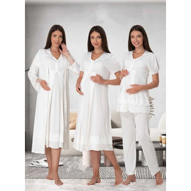 Dvina Effortt Lohusa 4'lü Set - Sabahlık/pijama Takımı/gecelik Ekru -