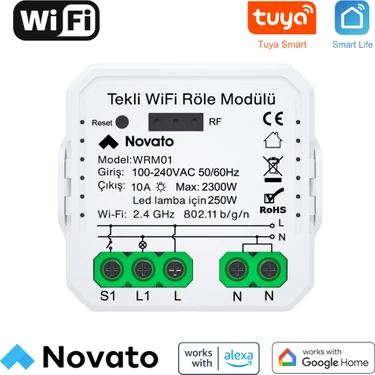 Novato Tuya Uyumlu Tekli Wifi Akıllı Anahtar (10A - 220V Röle) - Tek Çıkışlı, Anahtar Girişli,