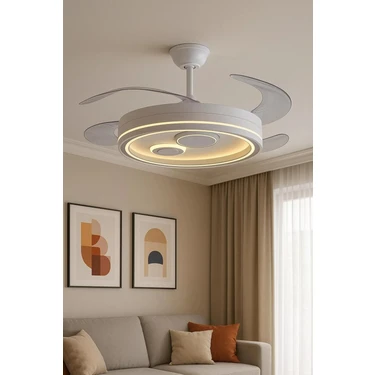 Hoogar German İç Desenli Tavan Vantilatörü 3 Renk Ledli Gizli Pervaneli Kumandalı Dimmer Ayarlı BL