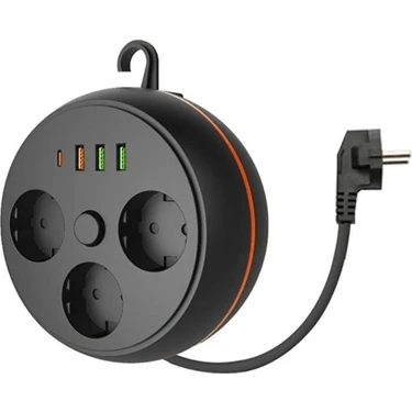 Buffer® 3 Adet Soket,3 Adet USB ve 1 Adet Type-C Girişli Termal Akım Korumalı Makaralı Priz