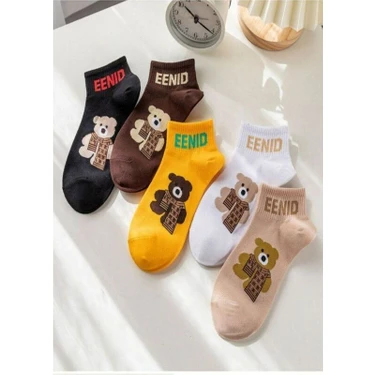 5'li Teddy Bear Ayıcıklı Renkli Patik Ekonomik Paket Unisex Kısa Spor Sneakers