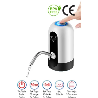 Vayomy Şarjlı Otomatik Damacana Su Pompası 1200 mAh Bataryalı (Bpa Içermez, CE