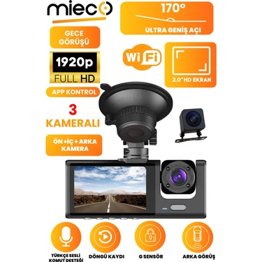 Mieco 1s Wifi/1920p Fhd/170° Ultra Geniş Açı/gece Görüşü Ve G-sensörü/ 3 Kameralı Araç Kamerası