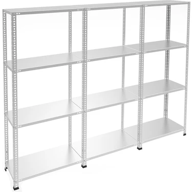 Rafburada 4 Katlı 3'lü Galvaniz Çelik Raf - Depo, Arşiv, Kiler, Dosya, Market Rafı - 43x93 cm-200