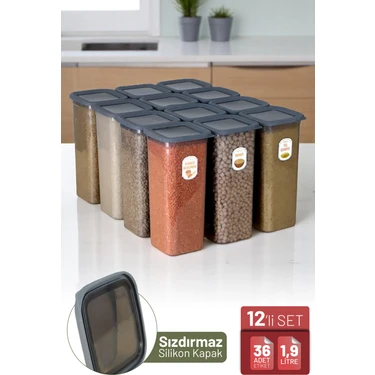 Ironika 12'li Sızdırmaz Silikon Kapaklı Etiketli Jumbo Boy 1900 ml Kare Erzak Bakliyat Saklama Kabı