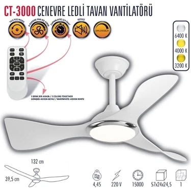 Cata Cenevre 40W Ledli Tavan Vantilatörü Kumandalı 3 Kanatlı Sessiz Çalışma Özelliği ile