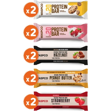 WaspCo Protein Bar Karma Kutu 40g x 10 Adet (5 Çeşit) Glutensiz Yüksek Lif