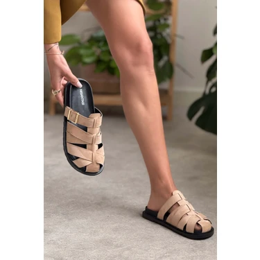 Nişantaşı Shoes Yoshi Açık Taba Süet Kemer Toka Detaylı Düz Taban Kadın