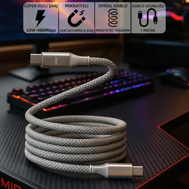Mioji Mio SC1000 USB-C 60W Mıknatıslı Hızlı Şarj Kablosu Huawei, Samsung, Oppo, Xiaomi,