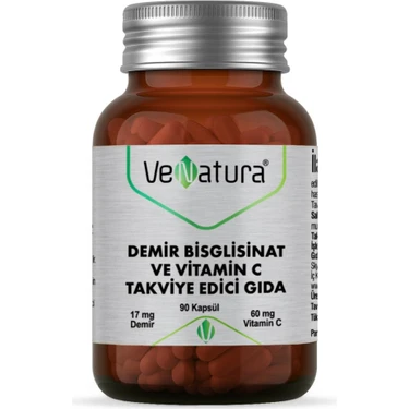 VeNatura Demir Bisglisinat ve C Vitamini Takviye Edici Gıda - 90 Kapsül, 17 mg Demir, 60 mg C