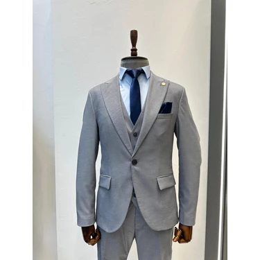 Slimfit Gri Yelekli Takım Elbise (Ceket Yelek