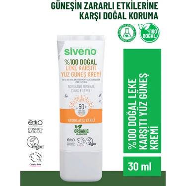 Siveno %100 Doğal Yüz Güneş Kremi Leke Karşıtı Aydınlatıcı Çinko Mineral Filtre SPF 50+ UVA
