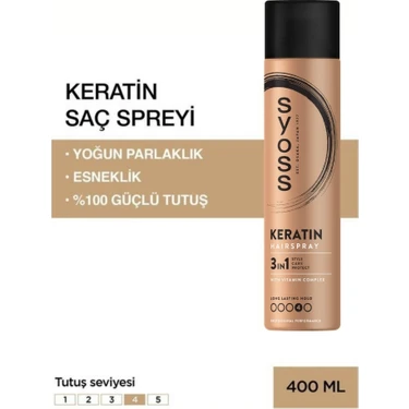 Syoss Keratin Saç Spreyi 400 ml Yoğun Parlaklık ve Esneklik Sağlayan Güçlü