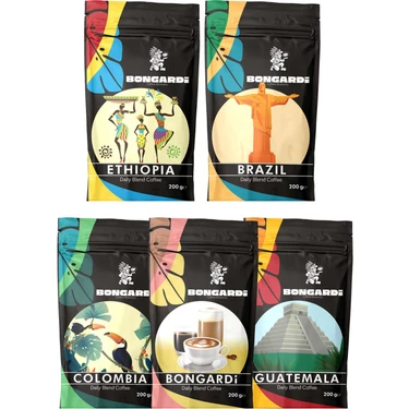 Bongardi Coffee 5x200g Brezilya Etiyopya Colombia Guatemala Intense Blend Espresso ve Filtre Kahve