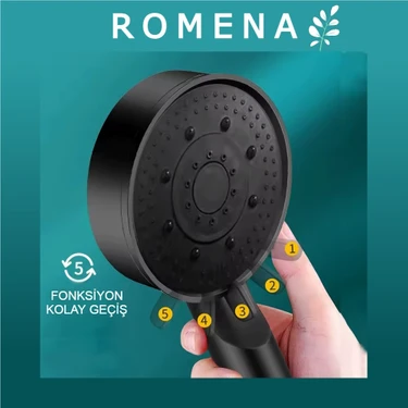 Romena Turbo Özellikli 5 Fonksiyonlu Su Tasarruflu Duş Başlığı Parlak Siyah
