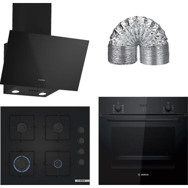 Bosch Siyah 3'lü Ankastre Set 327 (HBF512BB1T - POP6C6P30O - DWK63PJ60T (61T)) - Baca Borusu ile