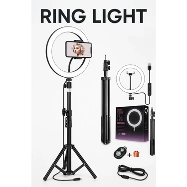 Kumandalı Youtube Tiktok Çekim 3 Işıklı Telefon Tutucu Makyaj Işığı Ring Light 10INÇ+2.1M