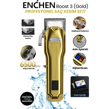 Enchen Boost 3 Gold Ayarlanabilir Başlıklı Dijital Göstergeli Şarjlı Profesyonel Saç Kesim
