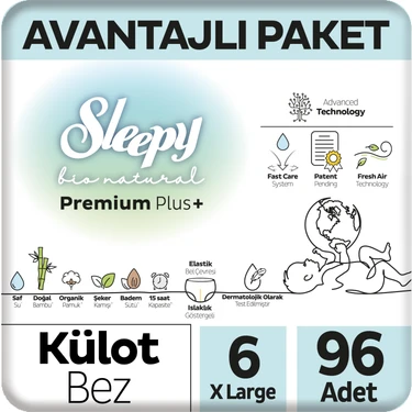 Sleepy Bio Natural Premium Plus Avantajlı Paket Külot Bez 6 Numara Xlarge 96