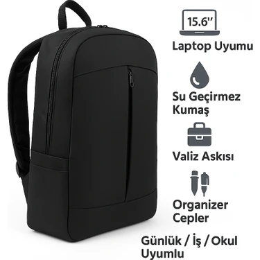 Northern Fashion 15.6" Notebook Bilgisayar Laptop Sırt Çantası Su Geçirmez Kumaş ve Fermuarlı Siyah