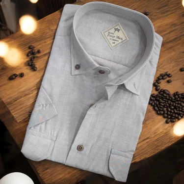 Linen Keten Klasik Kısa Kollu Gri Çift Cepli Erkek Gömlek (Regular