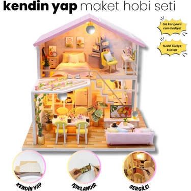 Kendin Yap Minyatür Villa – LED Işıklı Ahşap Maket Ev Seti | DIY Hobi ve Dekoratif Maket | Minyatür