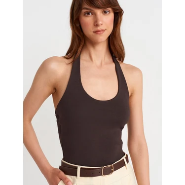Dilvin 21052 Koyu Kahve Halter Yaka Top Kadın Abiye Kolsuz %95 Pamuk %5 Elastan Kalıp
