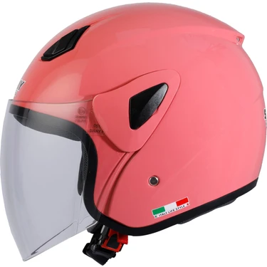 Sway Sw 700 Pembe Yarım Kask CE Uygunluk Sembolü ile Mikrometrik Çene Bağlantısı