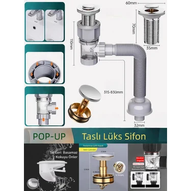Lüks Pop-Up Lavabo Eviye Gider Sifonu Basmalı Taslı