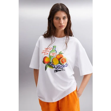 Grimelange Nıtza Kadın %100 Pamuk Oversize Bisiklet Yaka Beyaz