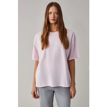 Grimelange LAGERTHA Kadın %100 organik Pamuklu Kalın Dokulu Oversize Fit Yuvarlak Yakalı Açık Pembe
