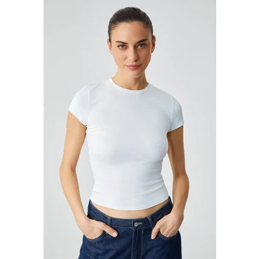 Grimelange HOPEWELL Kadın Yuvarlak Yaka Örme Slim Fit Beyaz