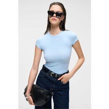 Grimelange HOPEWELL Kadın Yuvarlak Yaka Örme Slim Fit Mavi