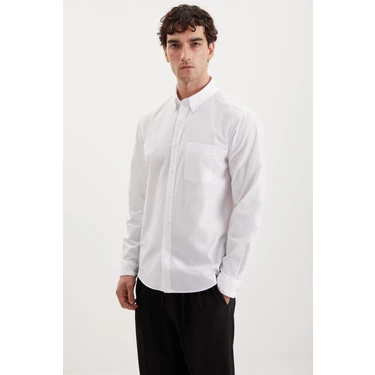 Grimelange Peres Erkek Dokuma %100 Pamuk Kalın Dokulu Cepli Slim Fit Beyaz