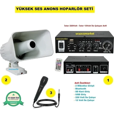 Yüksek Ses Anons Pazarcı Hoparlör Seti (Açık Hava Horn Hoparlör - Mikrofon - USB - Sd Kart Girişli