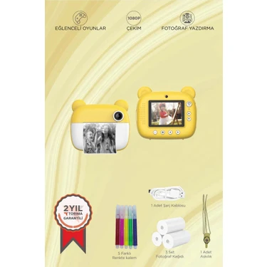 Torima CMR14 Sarı Dijital Fotoğraf Makinesi 1080p Çocuklar İçin Termal Yazıcı ve Eğlenceli