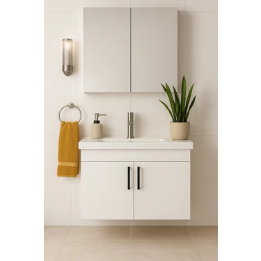 DMZ Home Concept Liventa 65 cm Beyaz Banyo Dolabı Takımı – %100 MDF Kapak ve Gövde, Seramik