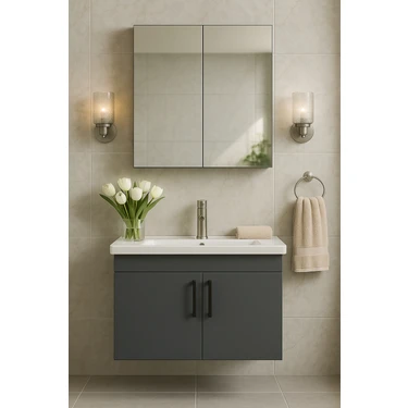 Dmz Home Concept Liventa 65 cm Antrasit Renkli, Seramik Lavabolu, Mdf Banyo Dolabı