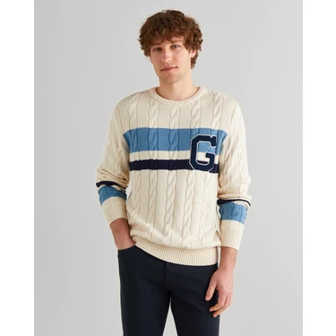 Gant Erkek Krem Relaxed Fit Bisiklet Yaka Renk Bloklu Örgü Kazak