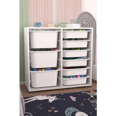 Pratico Mobilya Beyaz Suntalam 9 Sepetli Çok Amaçlı Derin Oyuncak Dolabı 90x30x84