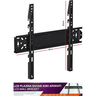 Doğa Bilişim Sabit TV Askı Aparatı Metal 40" 42" 43" 50" 55" Ekran Boyutu 48 cm Siyah