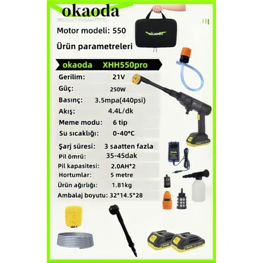 Çift Akülü Şarjlı Yüksek Basınçlı Oto Araba Bahçe Yıkama ve Temizleme Tabancası