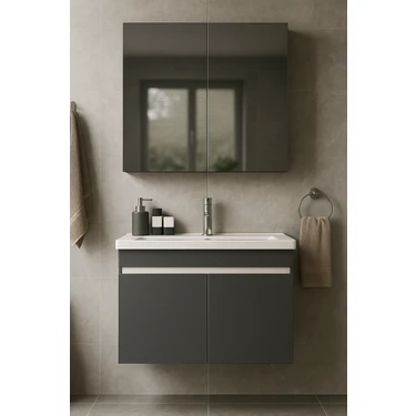 DMZ Home Concept Arista 80 cm Antrasit Renkli Mdf, Seramik Lavabolu, Alt ve Üst Dolaplı, Üst Dolap